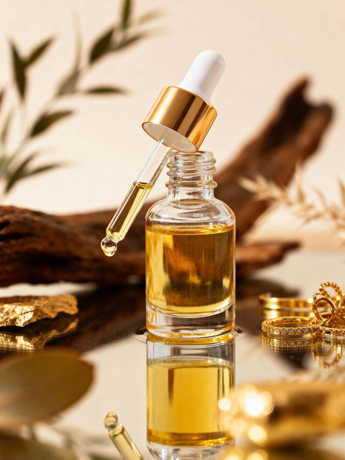 Botol essential oil amber dengan nuansa earthy.