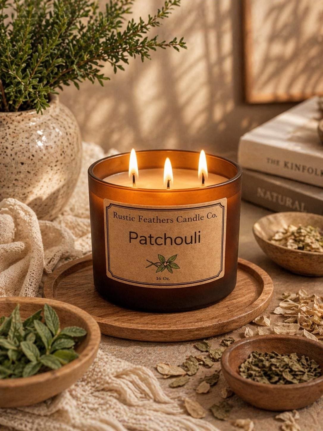 Lilin aromaterapi Lilin Aromaterapi Nilam menyala dengan aroma nilam.