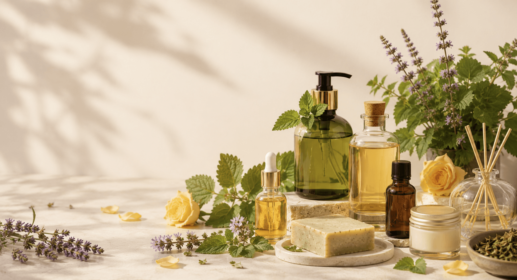 Koleksi produk aromaterapi dan kosmetik natural sebagai visual utama NILOKA.